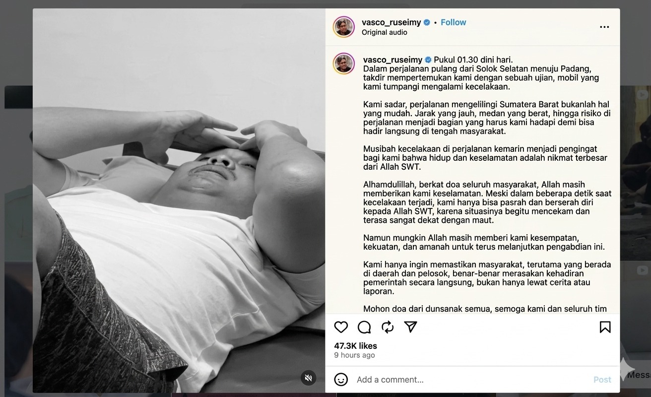 Selamat dari Kecelakaan Maut, Wagub Sumbar Vasco Ruseimy: Ini Kesempatan Kedua